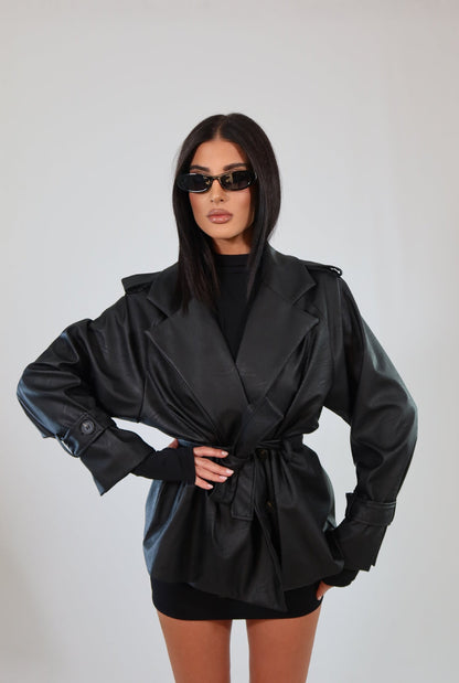 Faux Leather Trench Coat with Belt
