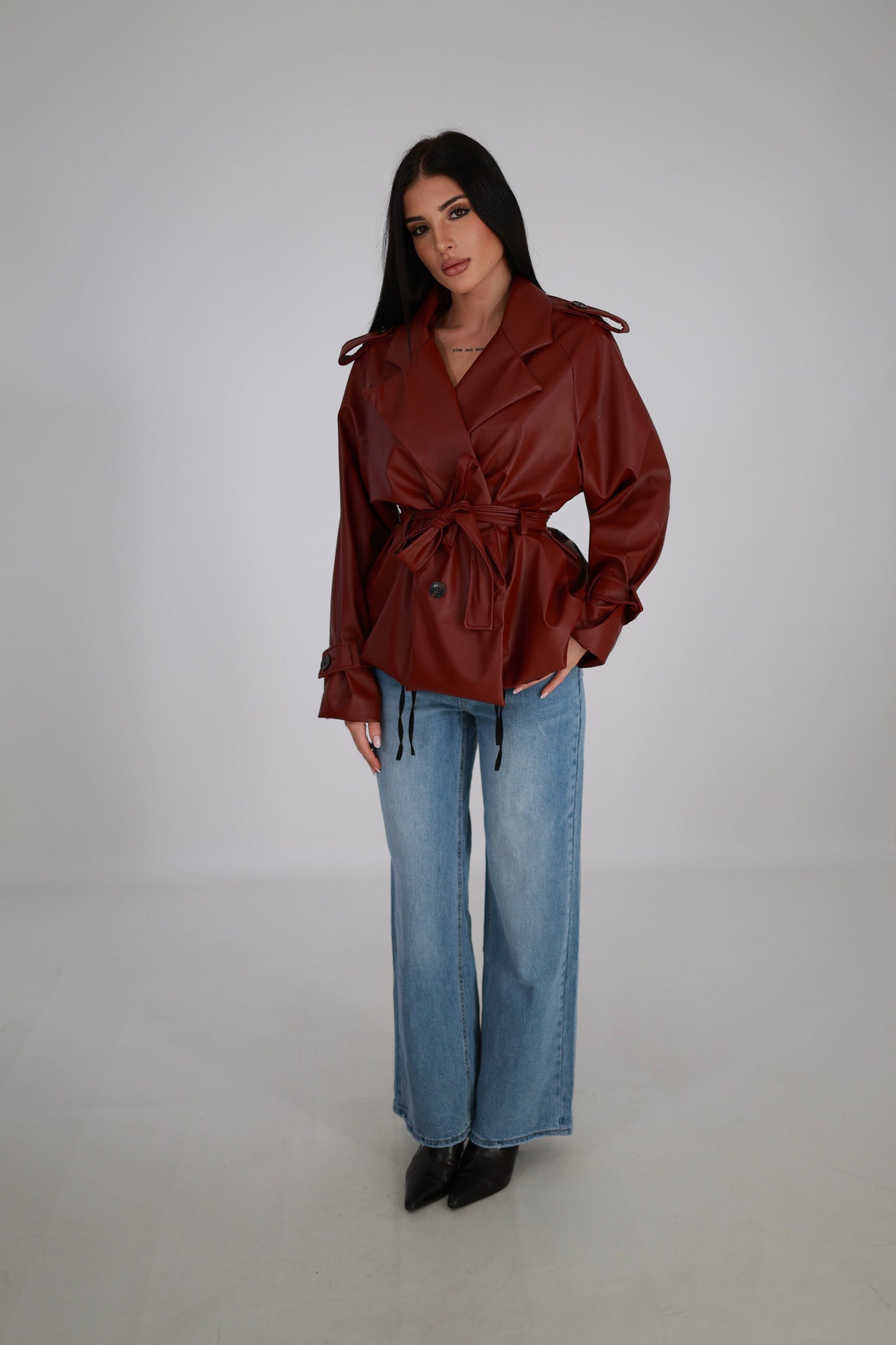 Faux Leather Trench Coat with Belt