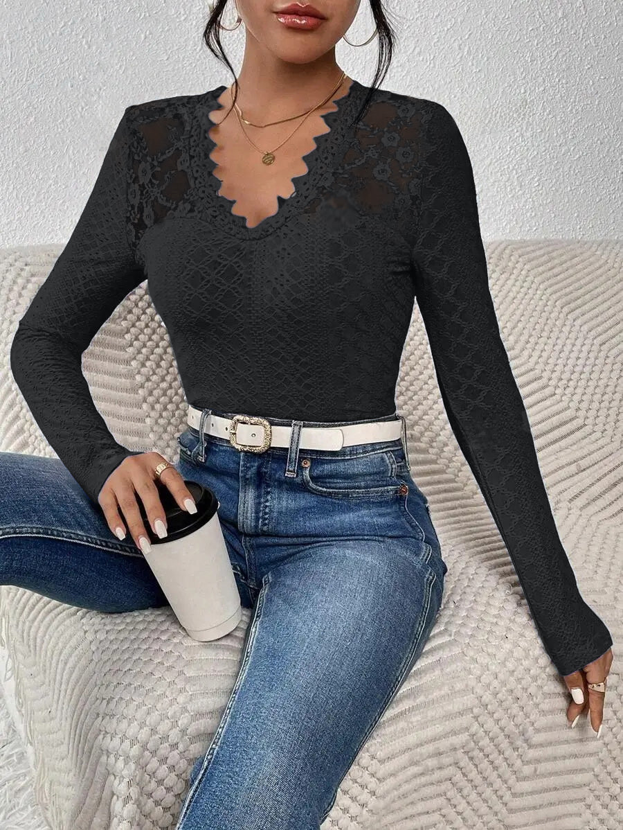 Long-sleeved top with V-neck and lace panel