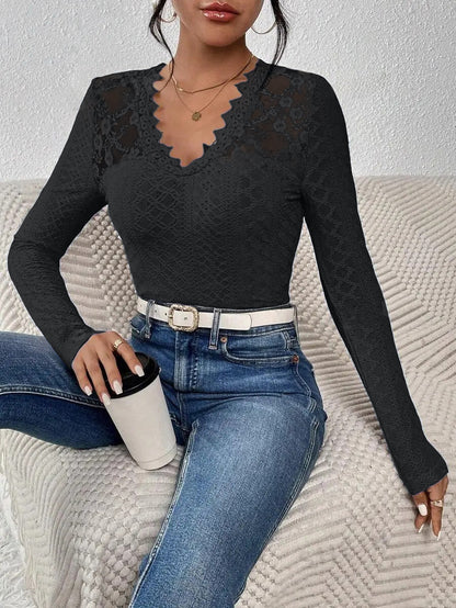 Long-sleeved top with V-neck and lace panel
