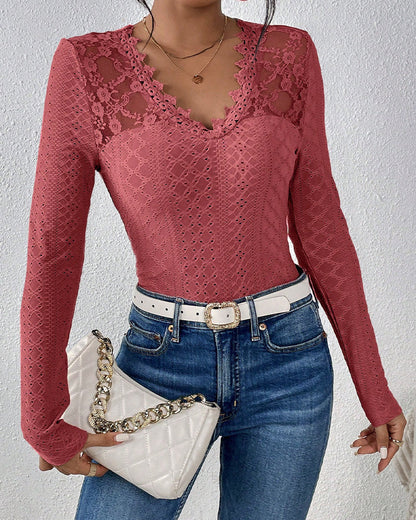 Long-sleeved top with V-neck and lace panel