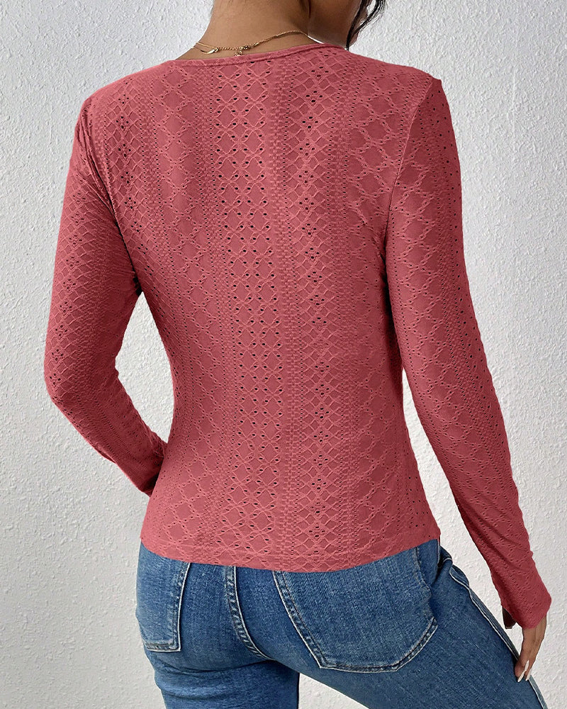 Long-sleeved top with V-neck and lace panel
