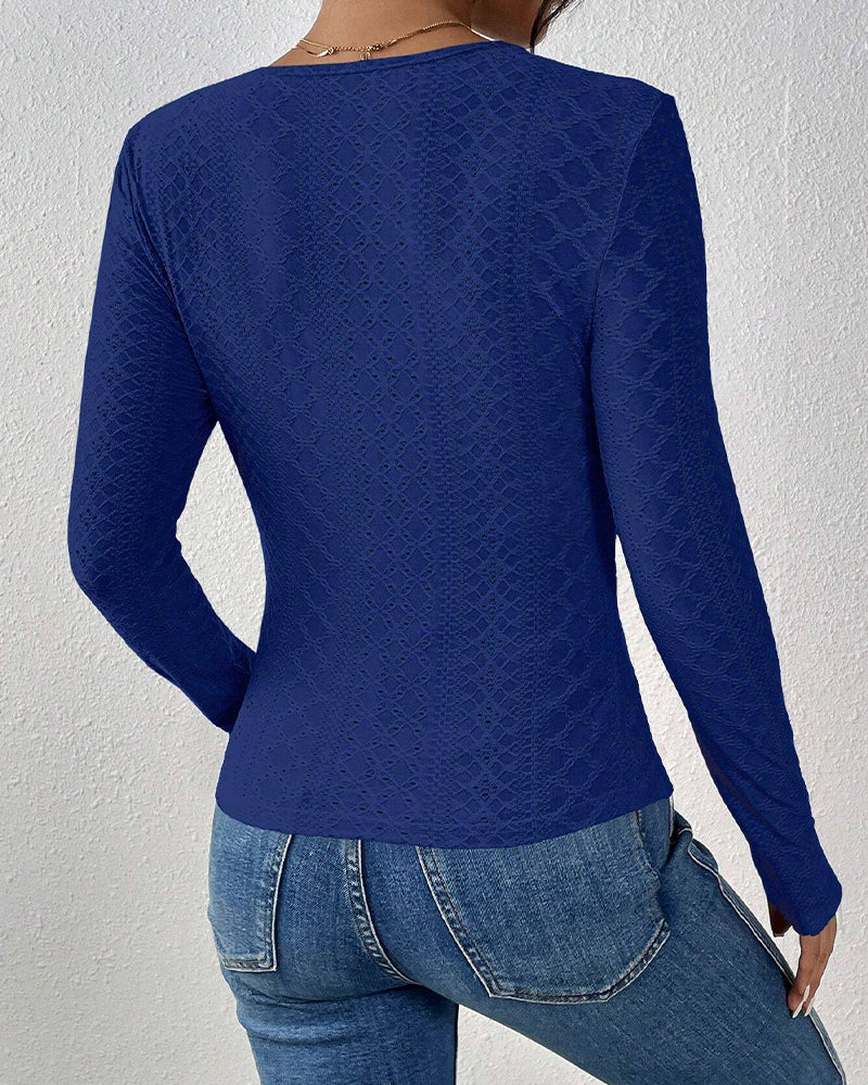 Long-sleeved top with V-neck and lace panel