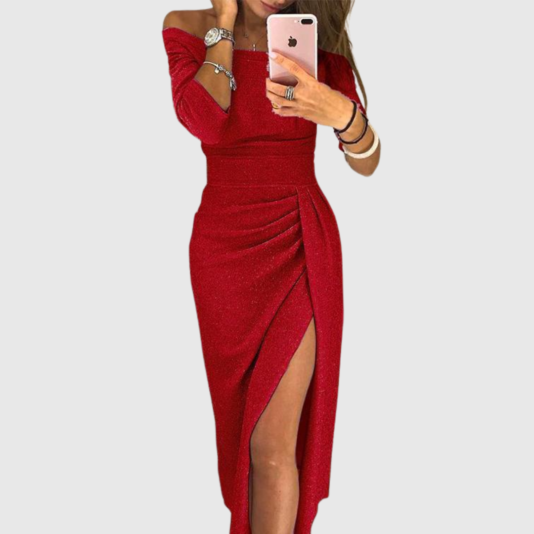 Elegante vestido de gala con hombros descubiertos