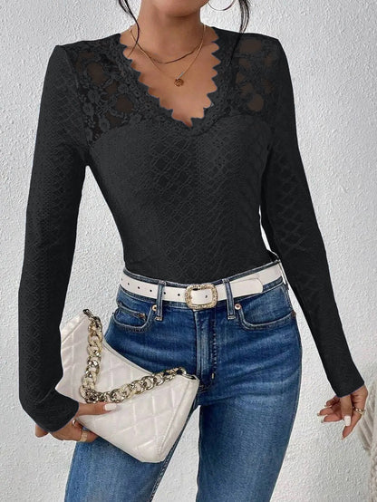 Long-sleeved top with V-neck and lace panel