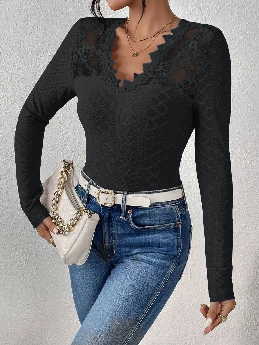 Long-sleeved top with V-neck and lace panel