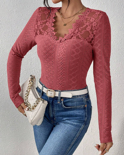 Long-sleeved top with V-neck and lace panel