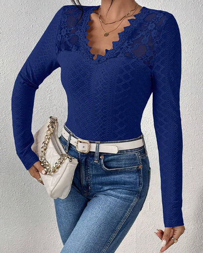 Long-sleeved top with V-neck and lace panel