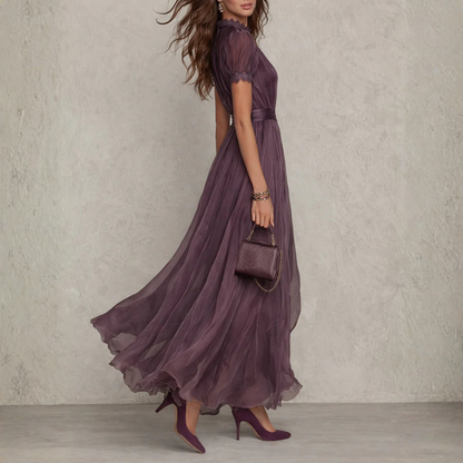 MÓNICA – Vestido Largo De Gasa Con Encaje