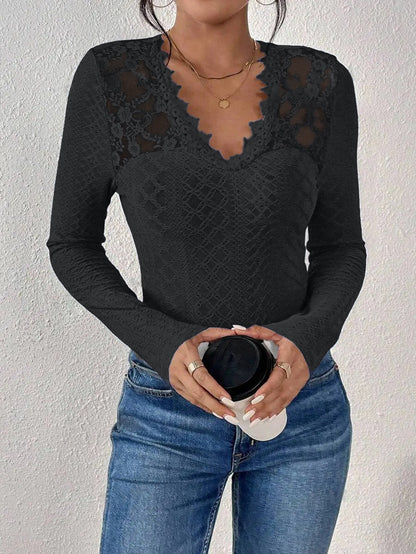 Long-sleeved top with V-neck and lace panel
