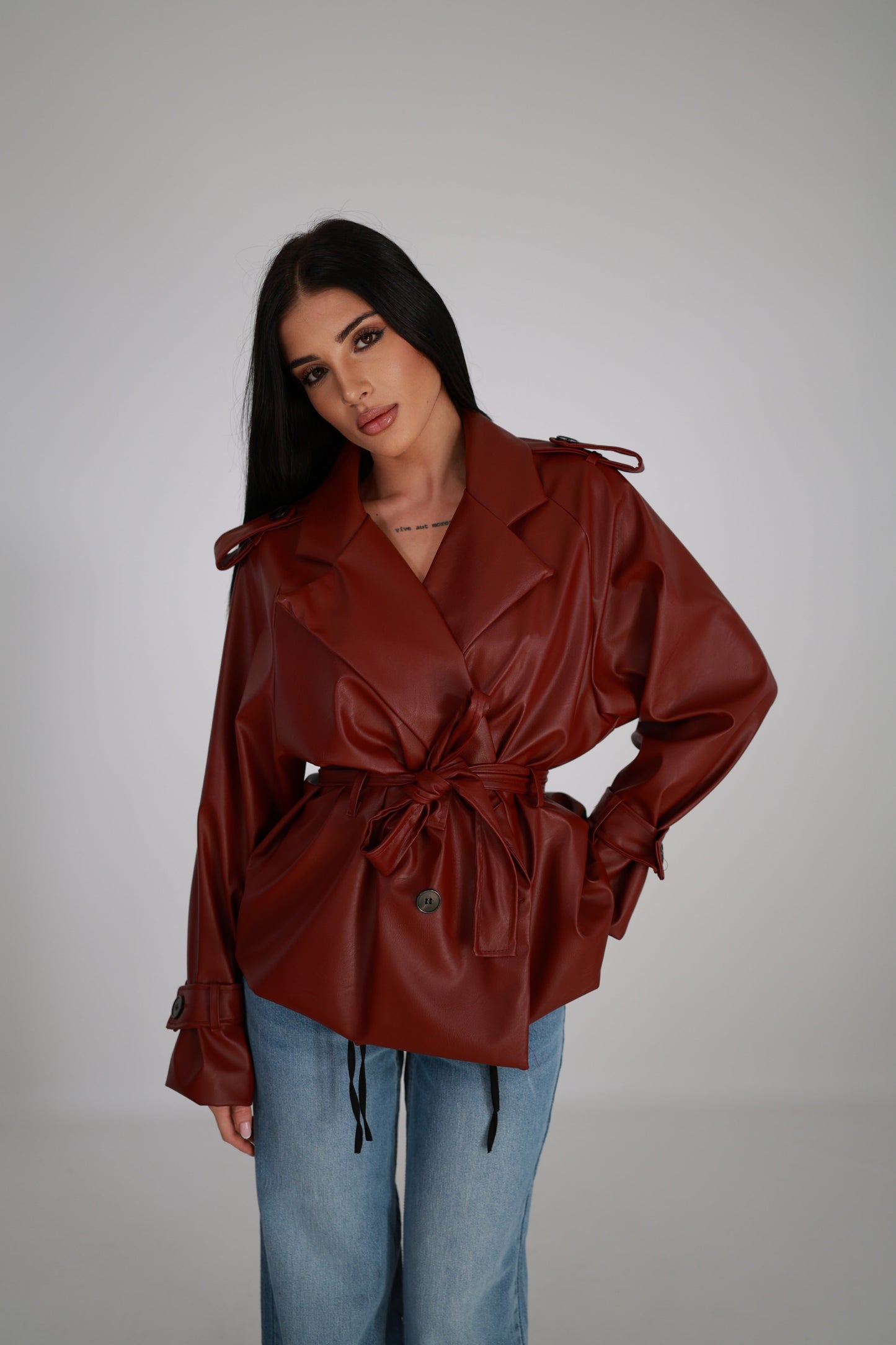 Faux Leather Trench Coat with Belt