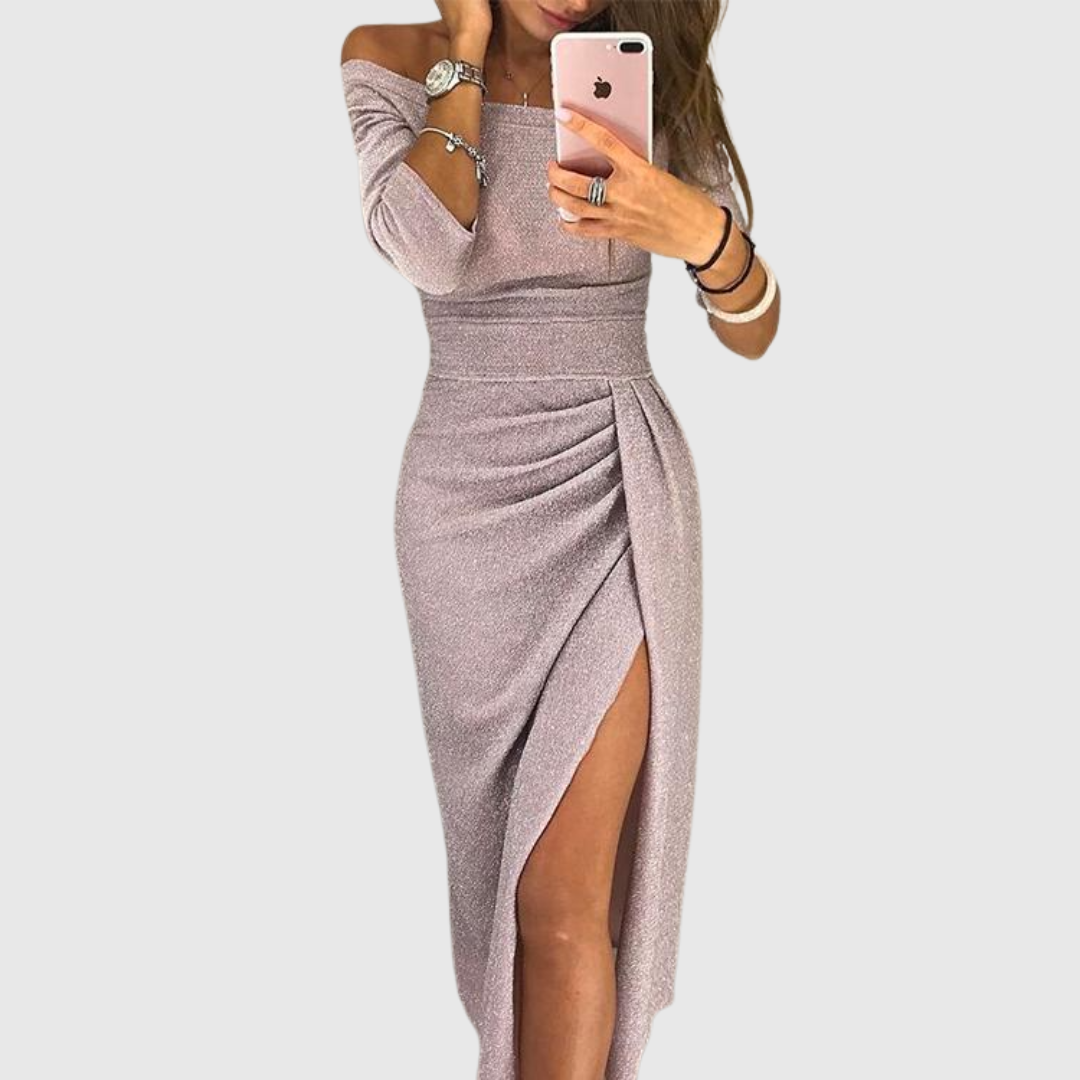 Elegante vestido de gala con hombros descubiertos