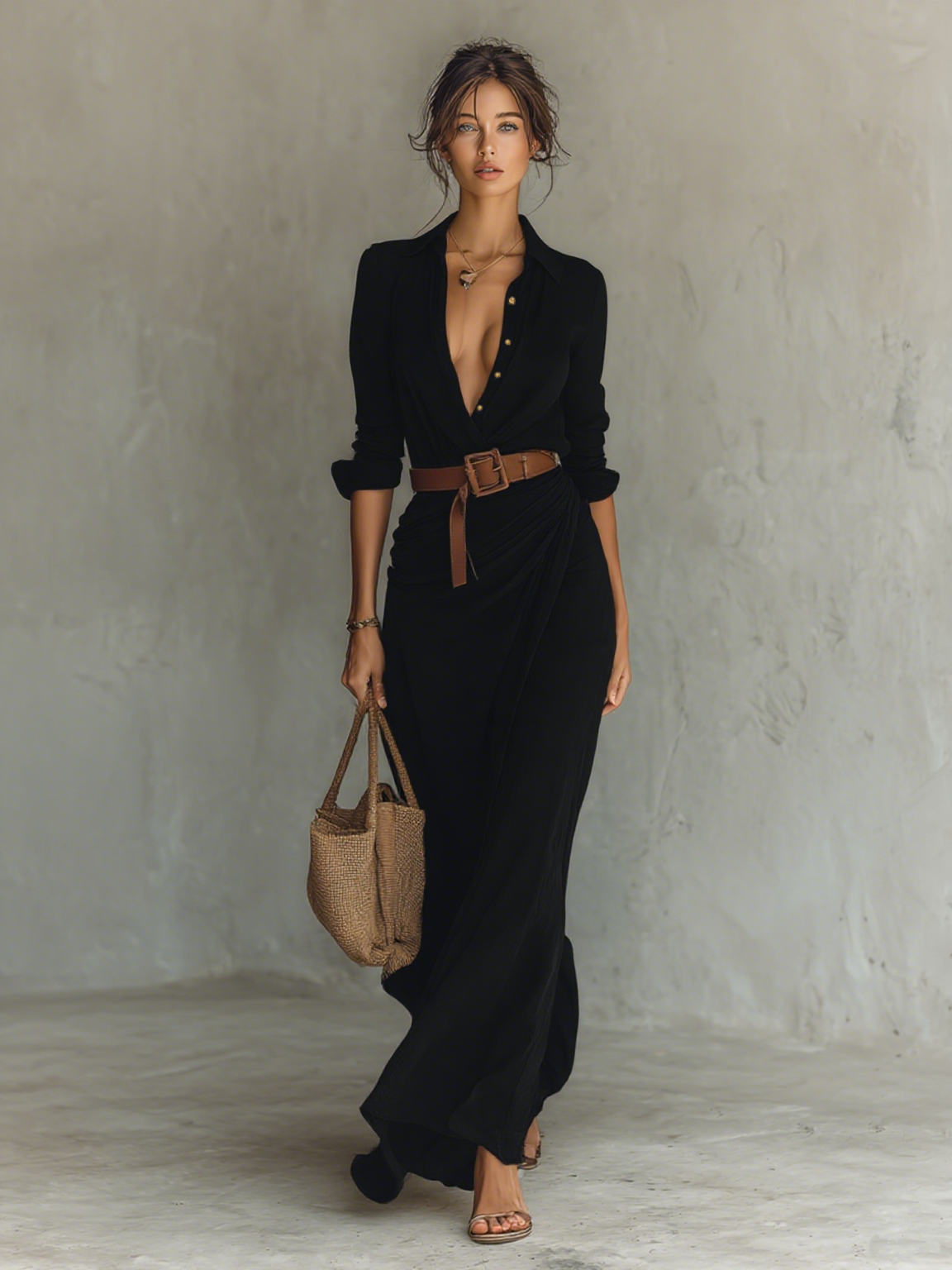 MÓNICA – Vestido Largo Con Cuello De Solapa