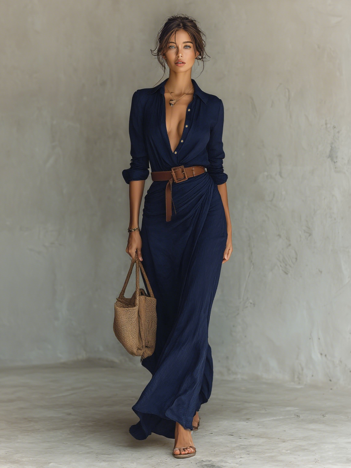 MÓNICA – Vestido Largo Con Cuello De Solapa