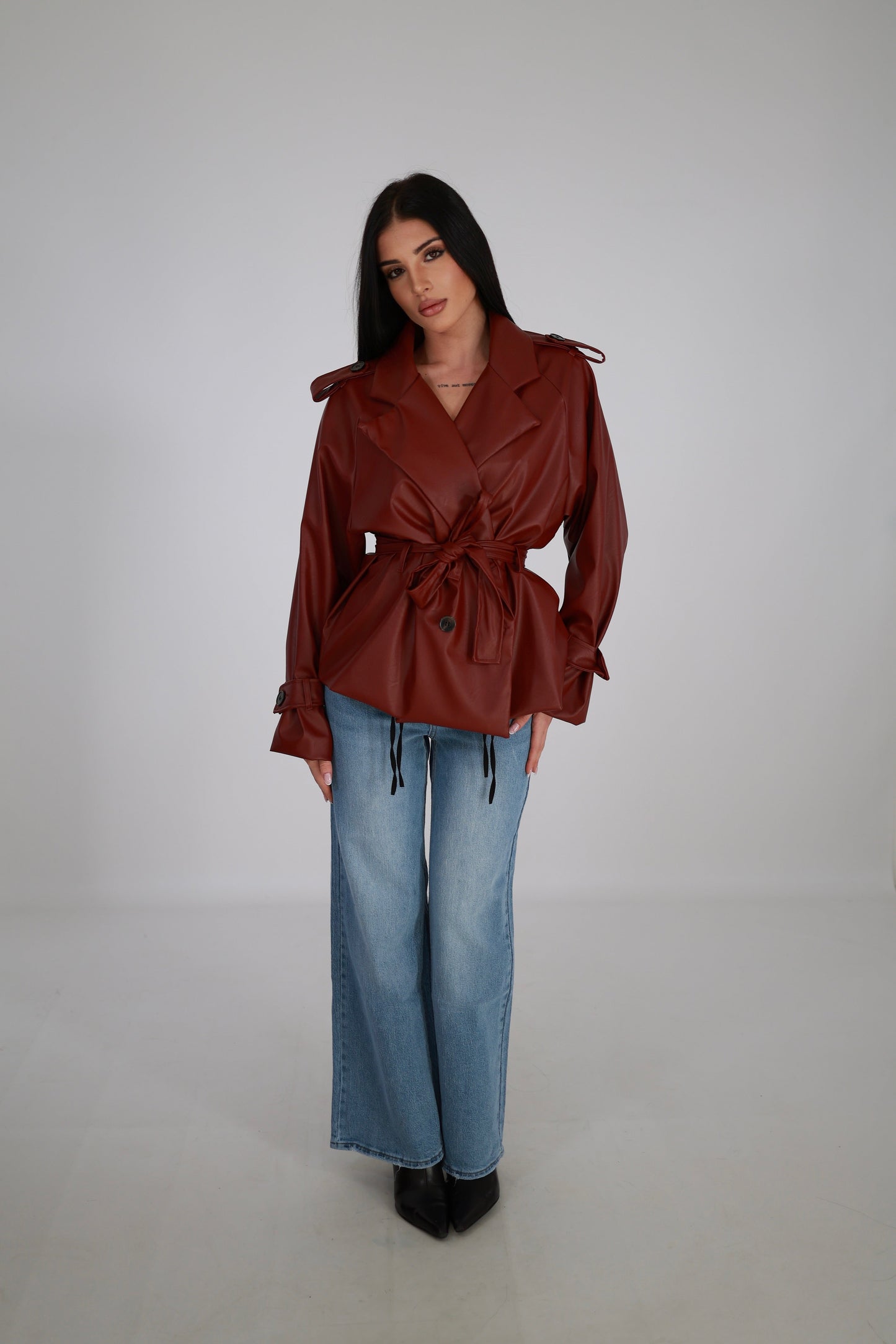 Faux Leather Trench Coat with Belt