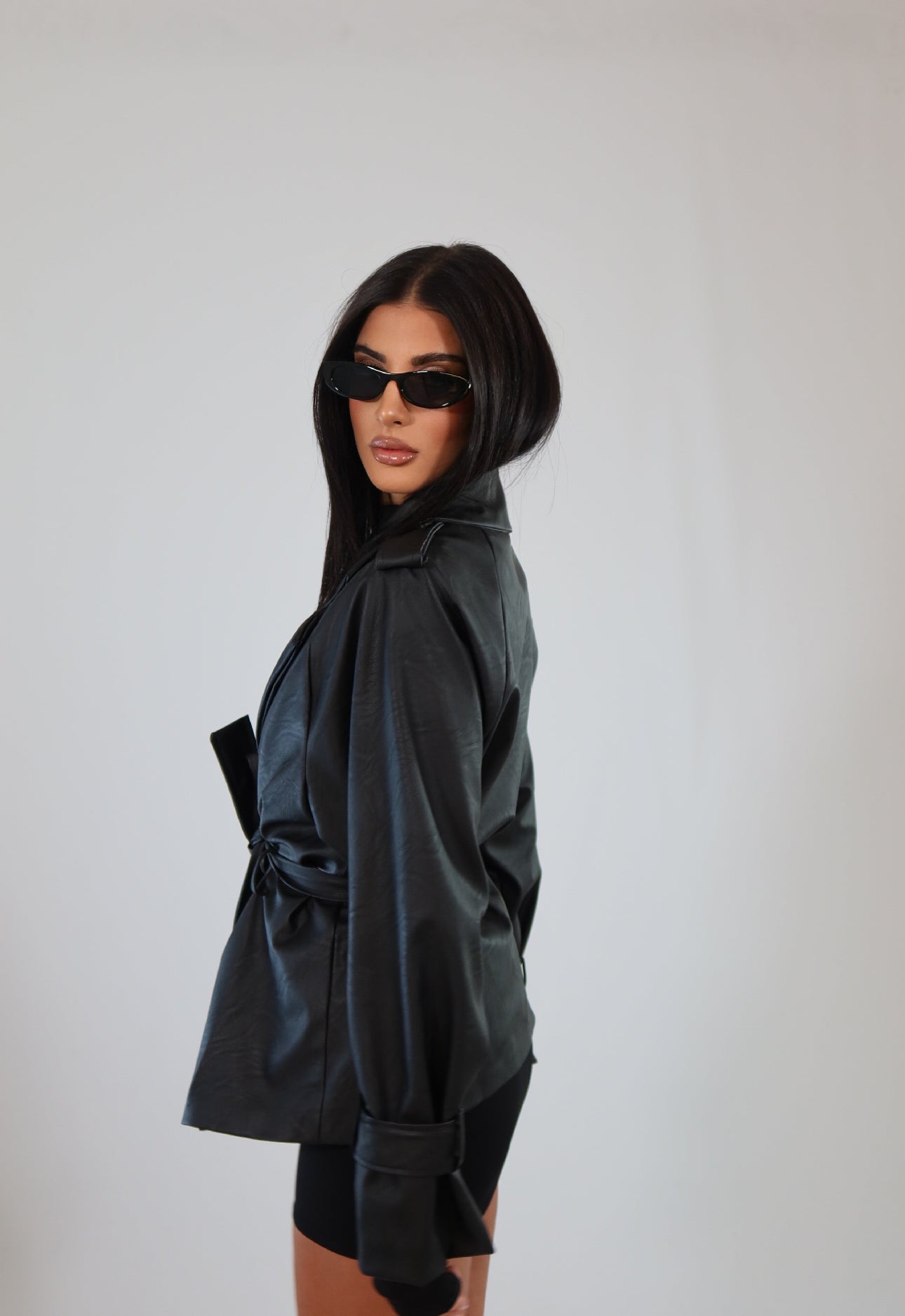 Faux Leather Trench Coat with Belt