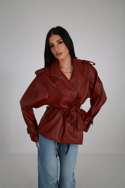 Faux Leather Trench Coat with Belt