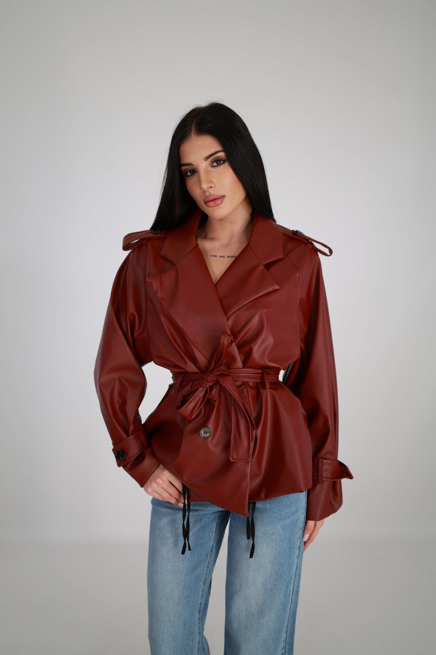 Faux Leather Trench Coat with Belt