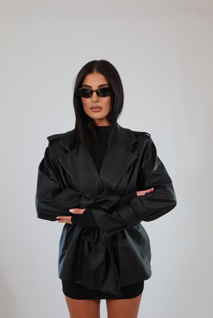 Faux Leather Trench Coat with Belt