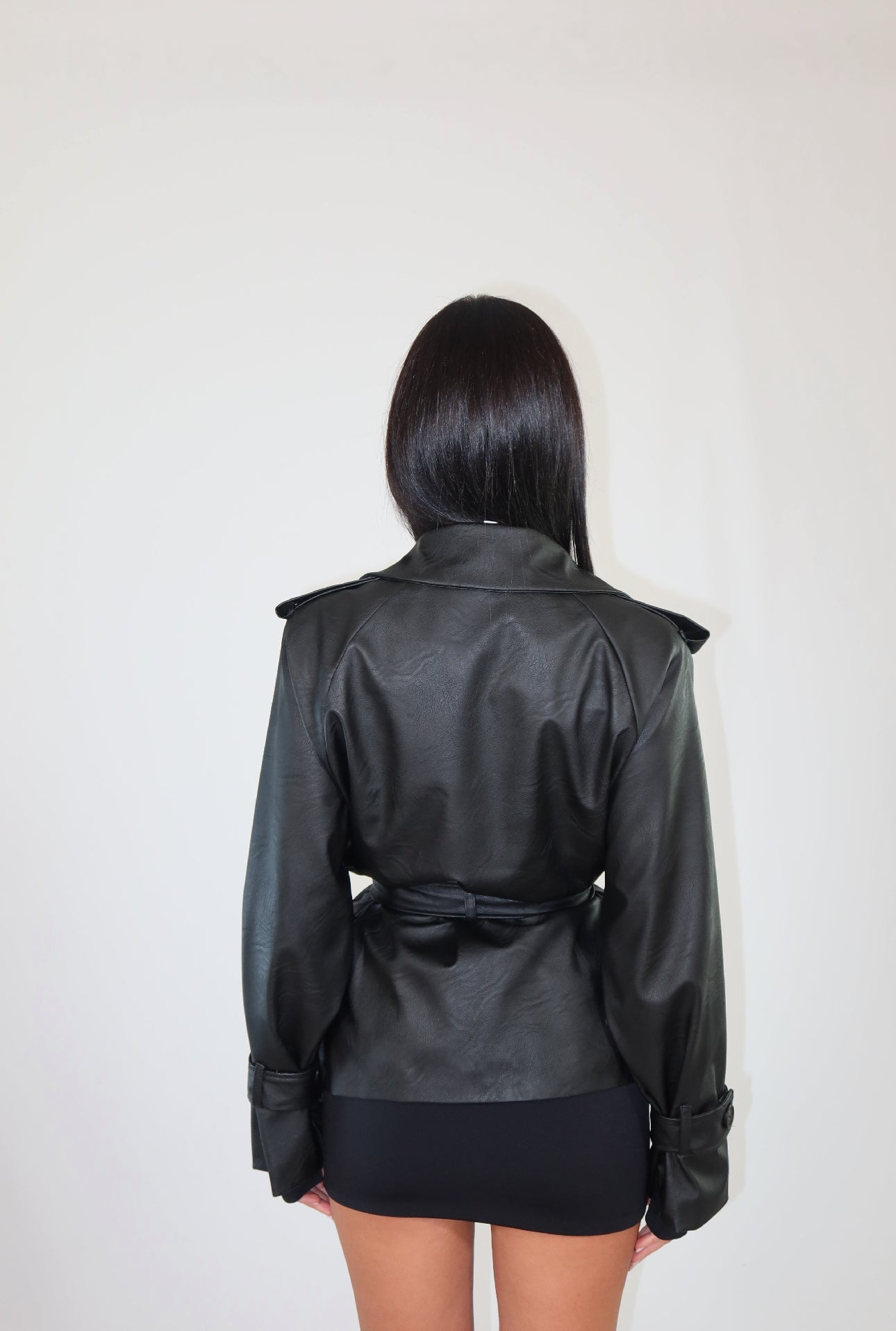 Faux Leather Trench Coat with Belt
