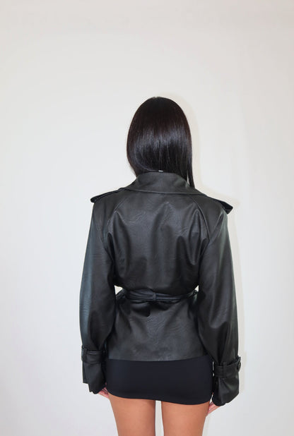 Faux Leather Trench Coat with Belt