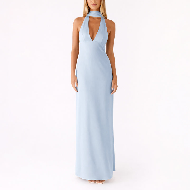 LAYA – Vestido Largo Con Cuello Halter y Escote En V
