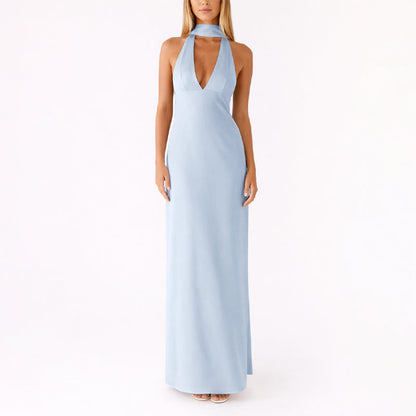 LAYA – Vestido Largo Con Cuello Halter y Escote En V