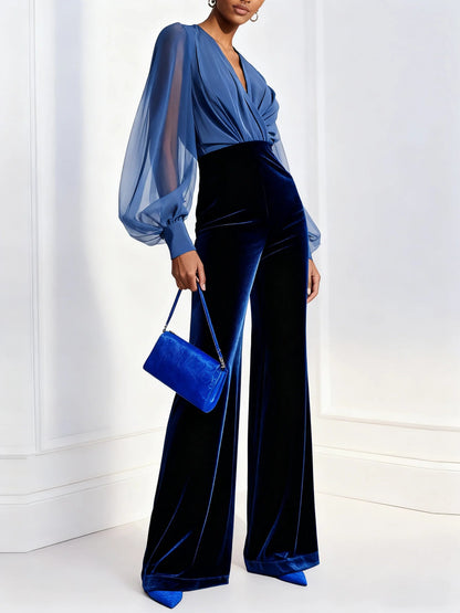 Elegant blue jumpsuit with mesh trim