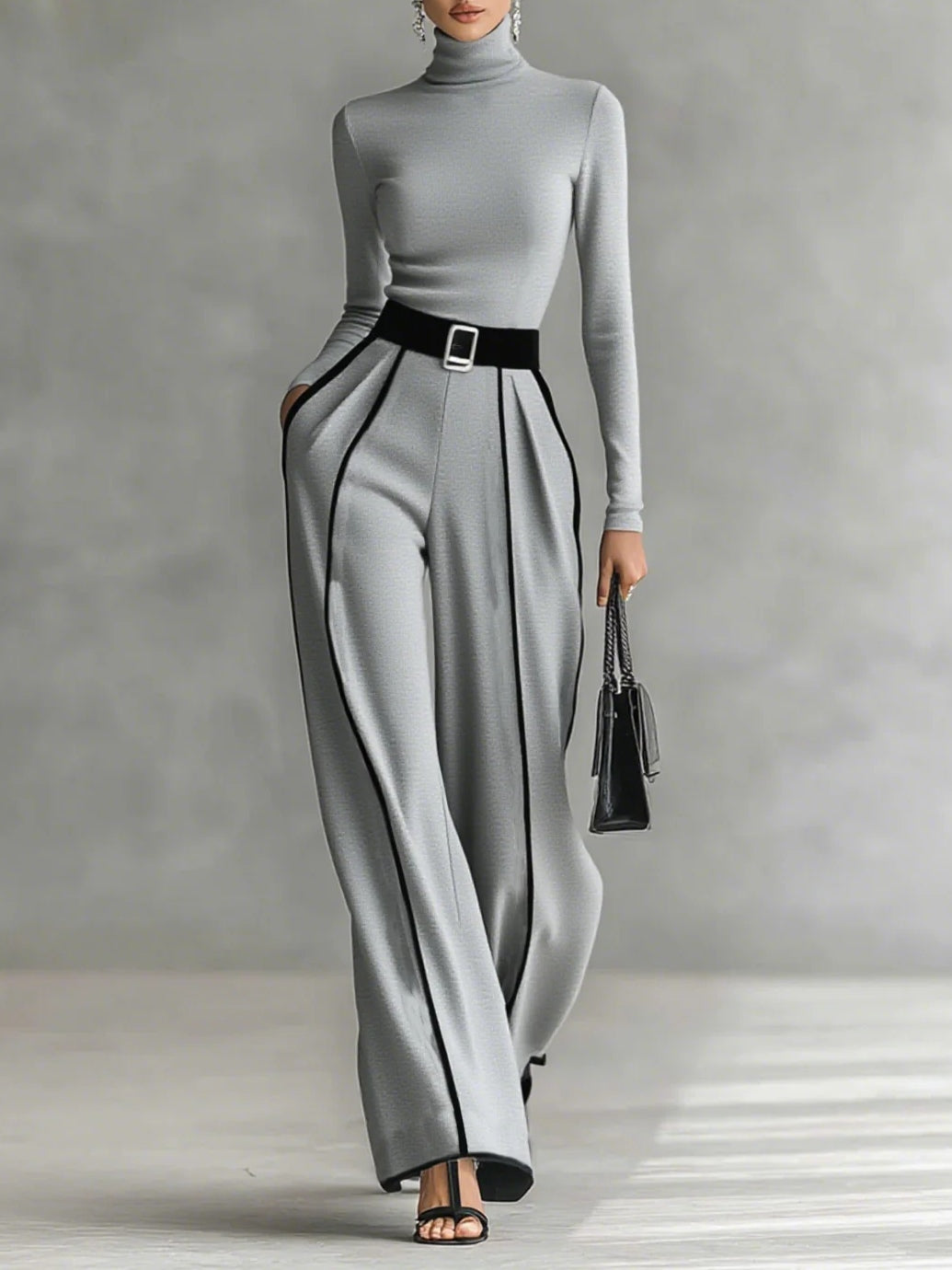 Conjunto de top de cuello alto y pantalones anchos
