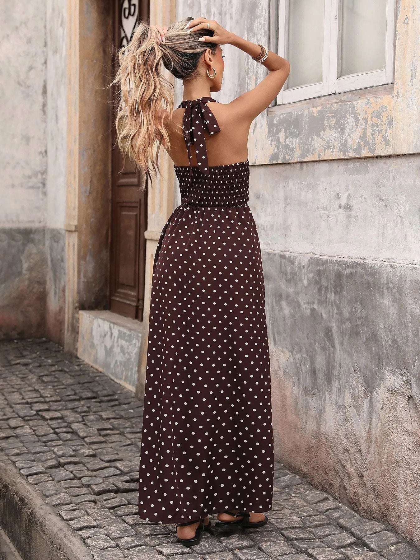 Vestido Largo Halter Con Lunares