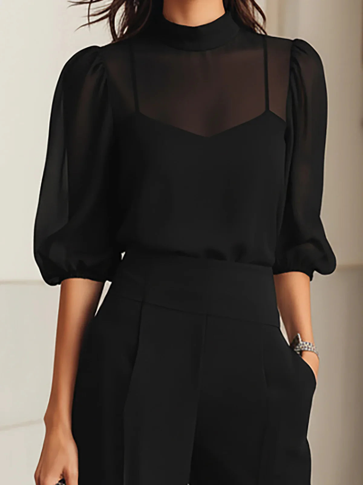 CINTIA – Conjunto Pantalón Y Top Semitransparente Elegante