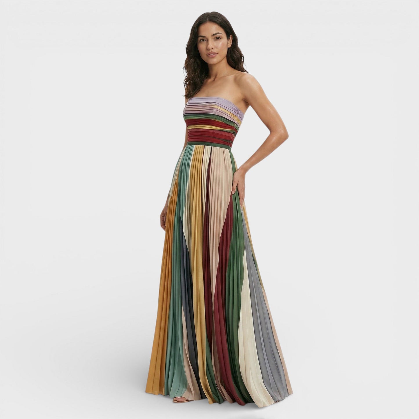 ALICIA – Vestido Maxi Plisado Hombros Descubiertos