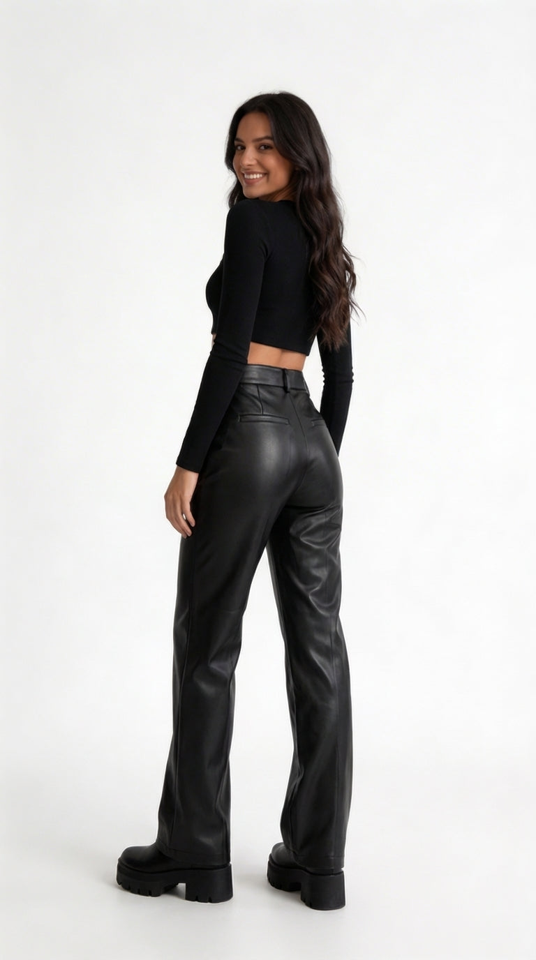 Pantalón de Cuero Recto De Cintura Alta