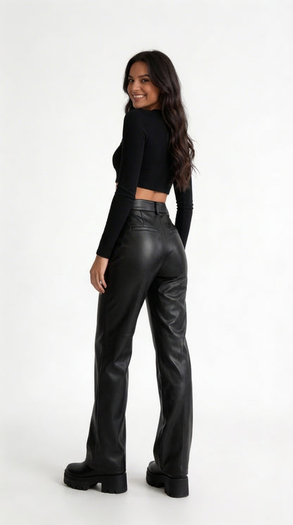 Pantalón de Cuero Recto De Cintura Alta