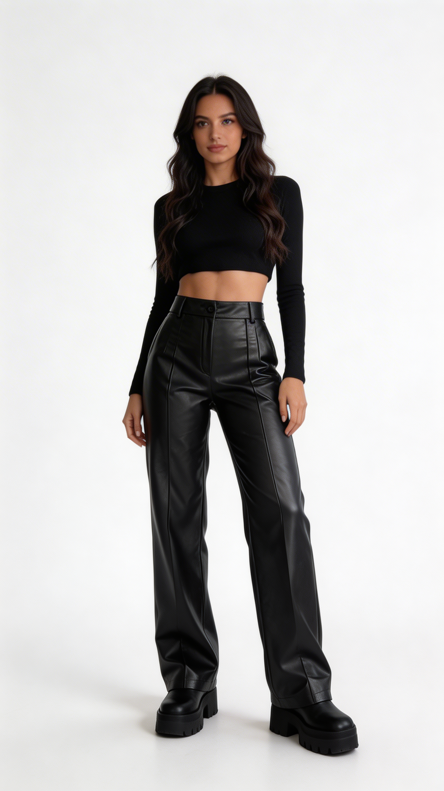 Pantalón de Cuero Recto De Cintura Alta