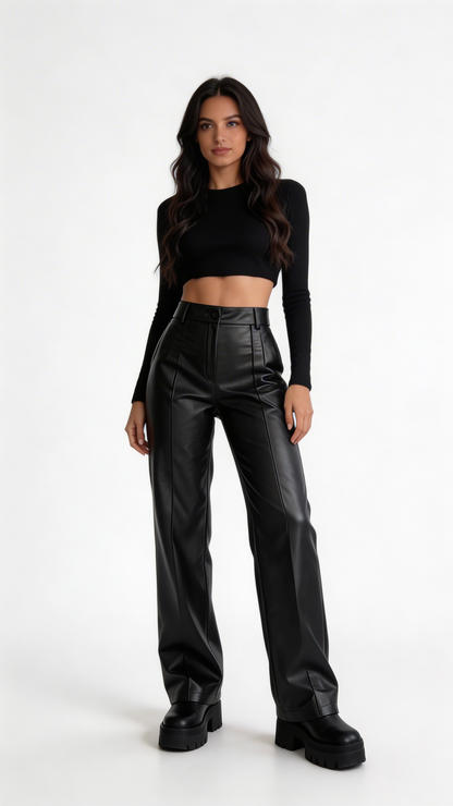Pantalón de Cuero Recto De Cintura Alta