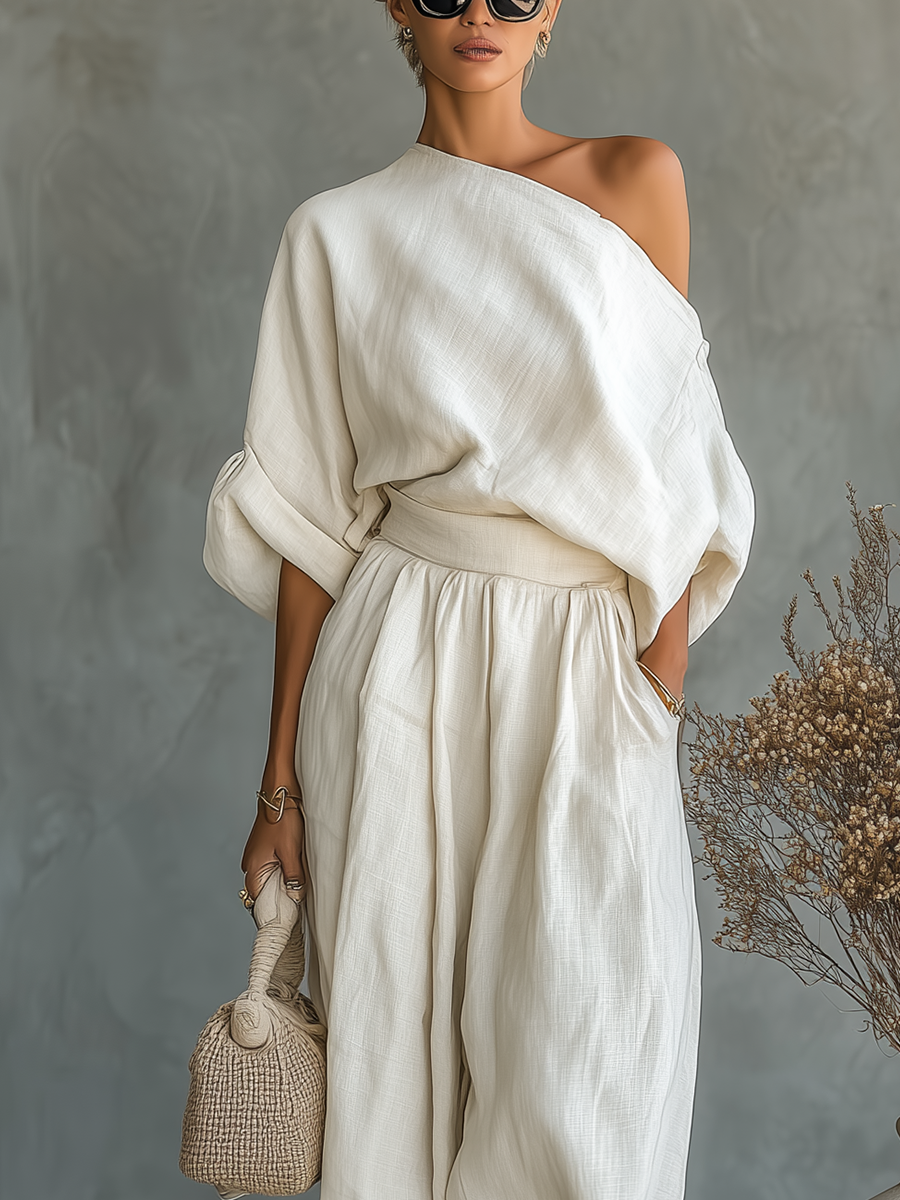 CINTIA – Conjunto Top Hombro Descubierto Y Pantalón Ancho