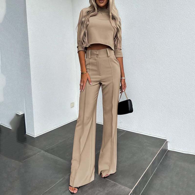 Elegant outfit with crop top and wide-leg pants.